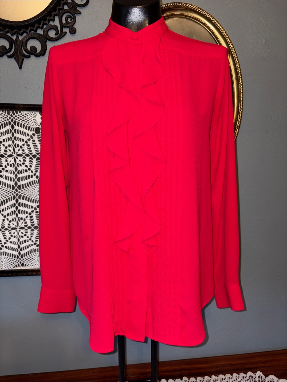 Ann Taylor Ruffled Front Long Sleeve Blouse in Bright Red